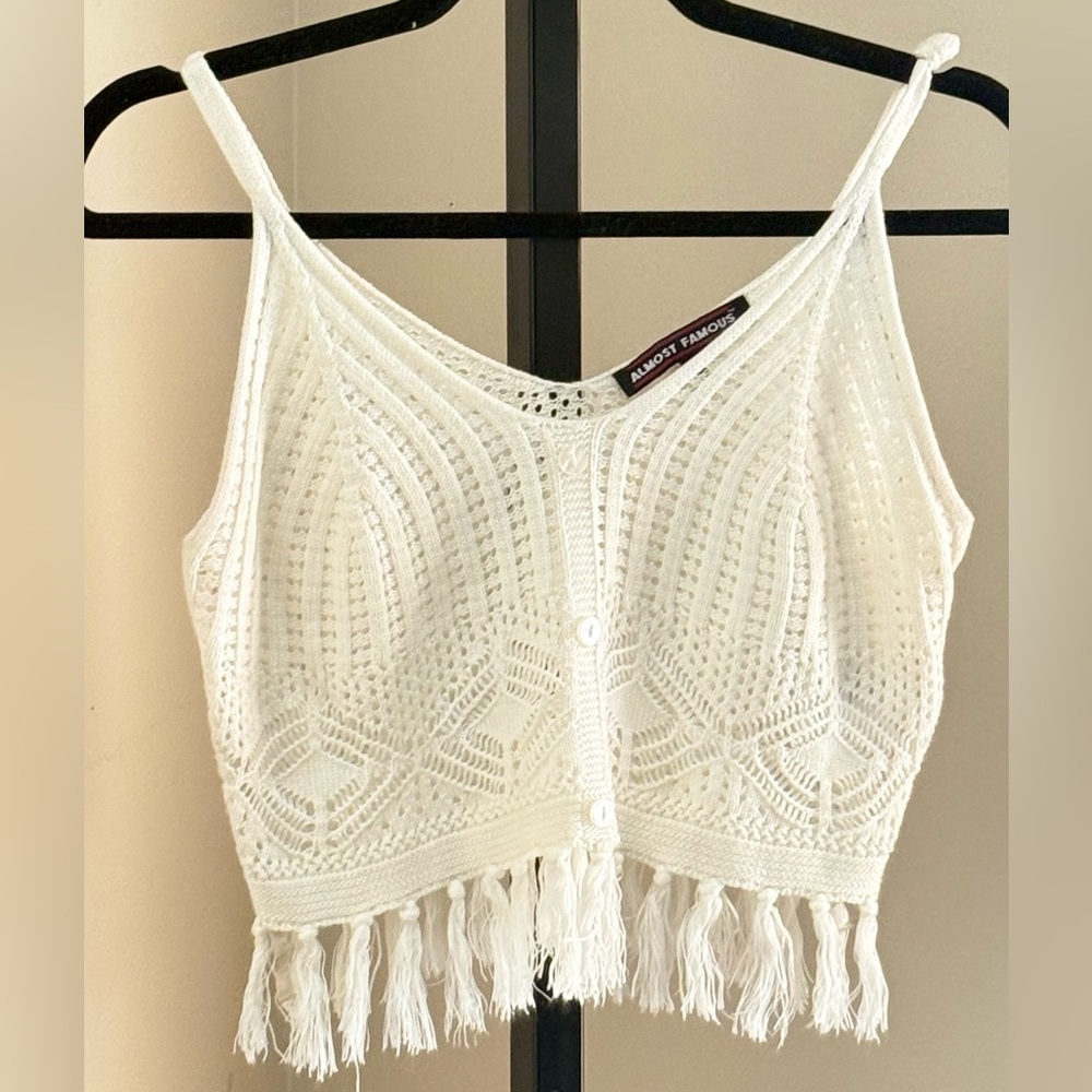 Almost Famous Cream Crochet Fringe Crop Top